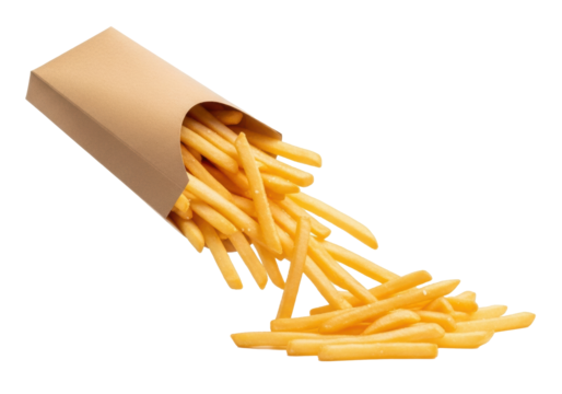 Golden-brown crispy french fries spill elegantly from an open kraft paper carton, forming an abundant pile on a transparent background with copy space, a tantalizing fast food indulgence