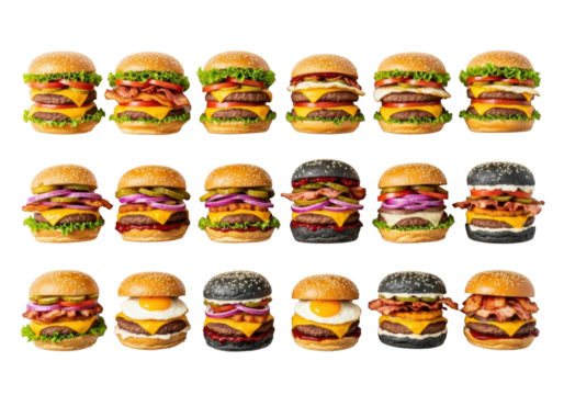 Twenty diverse gourmet burgers with beef, fried eggs, bacon, and charcoal buns, arranged in a symmetrical grid on a transparent background, top-down shot, concept for high-end food advertising