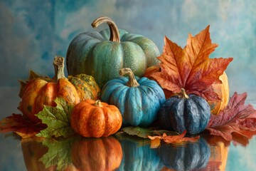 Vibrant pumpkins are arranged on a blue fabric backdrop surrounded by autumn leaves to create a cozy seasonal ambiance