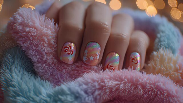 Close-up of a hand with painted nails resting on a soft, colorful blanket with bokeh lights in the background.