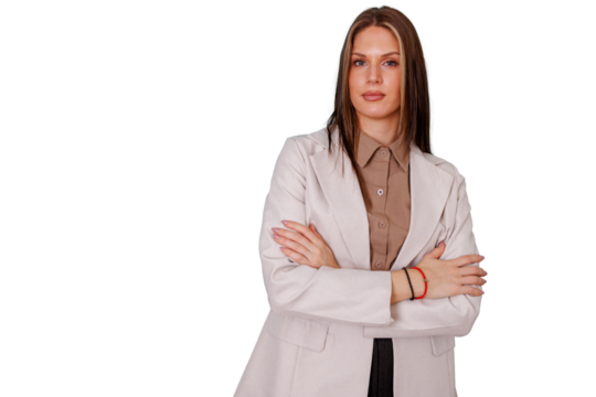 Confident businesswoman with crossed arms, wearing a blazer, showing professionalism and corporate leadership on transparent background - Powered by Adobe