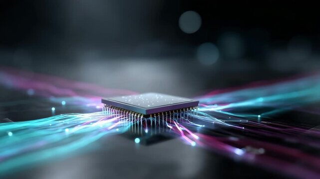 4K A hyper-detailed futuristic 3D visualization of an abstract high-tech processor floating in a dark ultra-polished environment. The processor has a sleek metallic surface with sharp