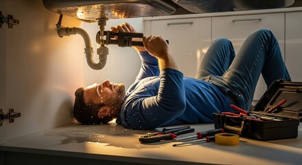Man lying under sink repairing leaky pipe with wrench in kitchen fixing plumbing problem with tools and water dripping on his face