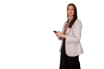 Businesswoman walking forward, using smartphone, looking away in a confident and focused manner, transparent background