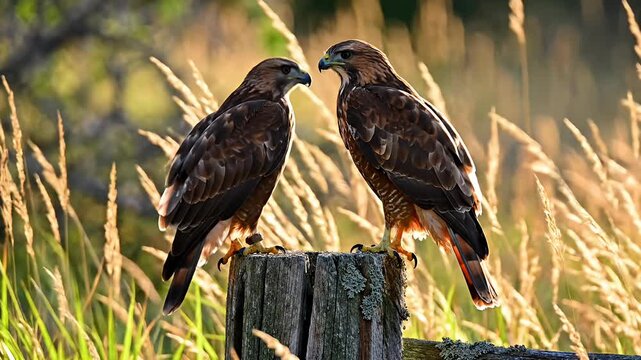 Watch two magnificent hawks perched on a rustic wooden post basking in the glow of golden hour A stunning wildlife video of raptors in their natural habitat
