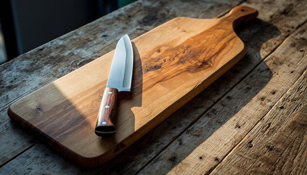 Knife and cutting board on a rustic wooden table