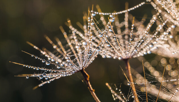 Dandelion seeds covered in dew drops and spiderwebs.
