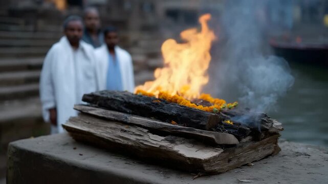 4K hyper-detailed cinematic documentary-style scene depicting a traditional Hindu funeral cremation ceremony taking place along the sacred ghats of Varanasi beside the Ganges River