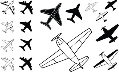 Aviation Collection Of Black And White Airplane Icons Representing Air Transportation, Travel And Flight, Perfect For Use In Graphic Design Projects Related To Transportation