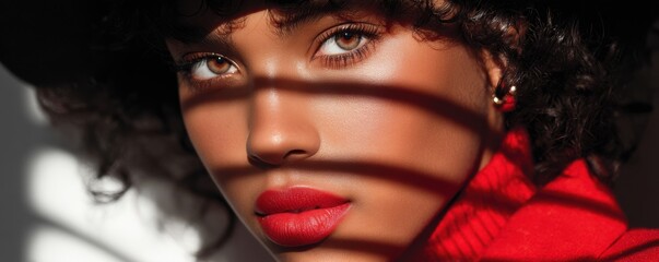 Fashion portrait of a Black woman in a red outfit with red sunglasses behind venetian blinds