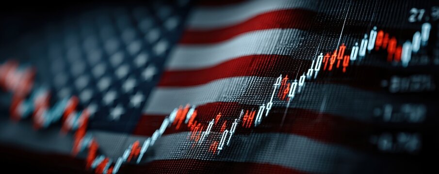 American flag background with stock market charts symbolizing finance, national pride, and market volatility