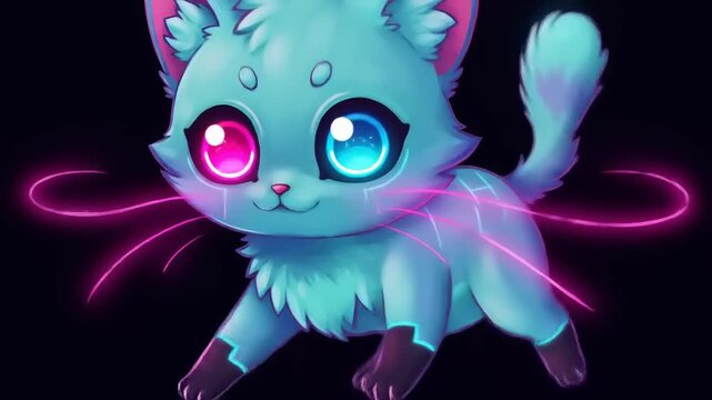 Animated sprite sheet featuring a blue and pink neon cat character animation cycle
