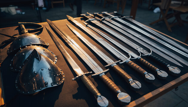 Metal swords and helmets displayed on a table - Powered by Adobe