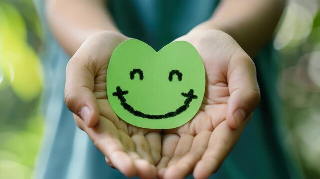 Video A person holding a green heart with a smiley face drawn on it, perfect for s and graphics