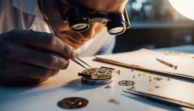 Watchmaker meticulously repairs intricate watch mechanism with tools.