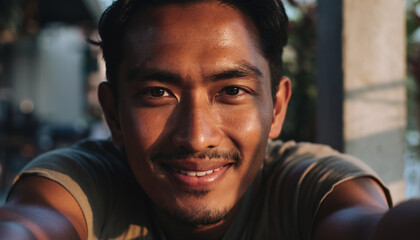 Close-up portrait of a smiling man with sunlit skin and dark hair.
