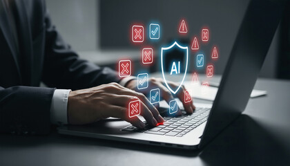 AI cybersecurity concept with a businessman using a laptop to manage data protection, network security, and digital risk with a glowing shield.