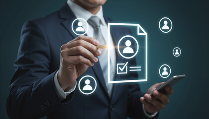 HR manager selecting a candidate profile on a virtual screen for recruitment. Human resources and hiring technology concept.