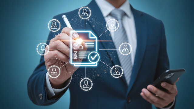 Businessman using a futuristic interface for human resources management, personnel selection, and employee database verification.