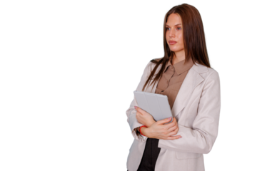 Professional businesswoman holding digital tablet, looking away with thoughtful expression, planning future concept