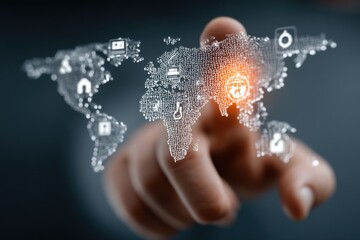 Finger taps glowing digital map of the world filled with healthcare and technology icons