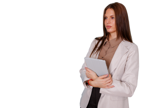 Professional businesswoman holding digital tablet, looking away with thoughtful expression, planning future concept