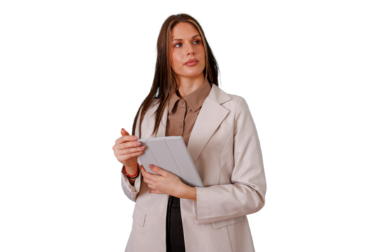 Professional businesswoman holding digital tablet, thinking, looking away, exploring ideas, transparent background