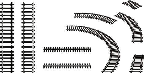 Railroad Track Set Vector Illustration, Including Straight and Curved Railway Sections for Transportation, Travel, and Construction Design Elements