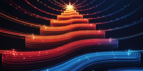 Luminous orange and blue bands ascending towards a shining star create a compelling perspective