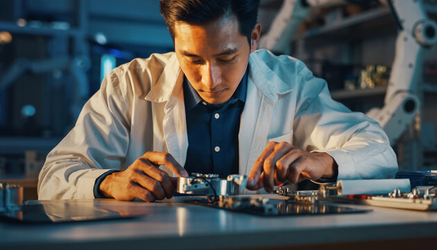 Man in lab coat works on intricate machinery with robotic arm in background. - Powered by Adobe