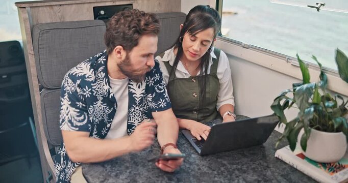 Van, road trip and couple with tech, talking and plan for blog with research, adventure and creative. Digital nomad, woman and man with smartphone for remote work, travel blogger and discussion