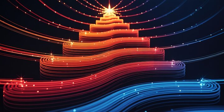 Luminous orange and blue bands ascending towards a shining star create a compelling perspective