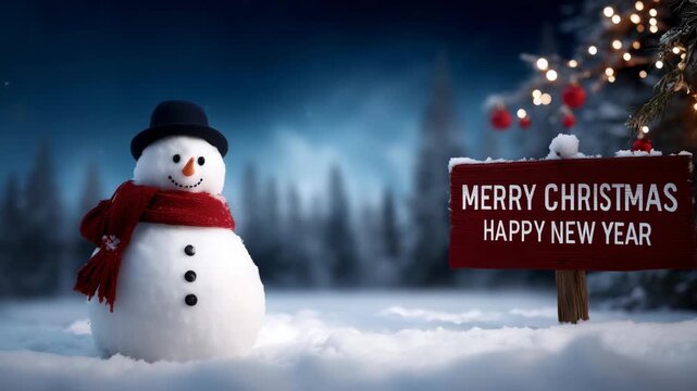 4K richly detailed, magical winter landscape greeting card scene featuring a joyful snowman standing in the center of a snowy meadow under a starlit sky. The snowman has a classic