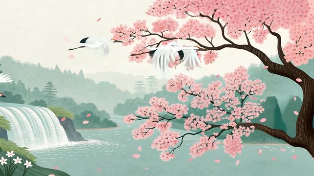 Two elegant cranes flying gracefully above a serene Japanese landscape featuring a cherry blossom tree and a cascading waterfall