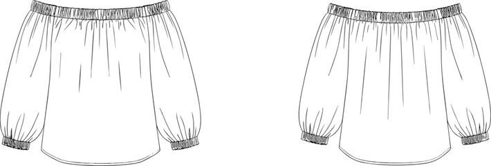 Off-the-shoulder blouse technical sketch, puff sleeve fashion flat drawing, elastic neckline and hem, cad drawing flat vector illustration