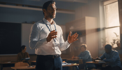 Teacher speaking to students in a classroom during the day.