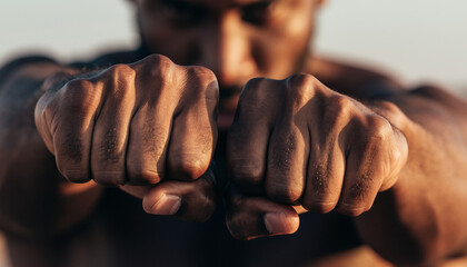 Close up of a man's fists in a fighting stance outdoors.