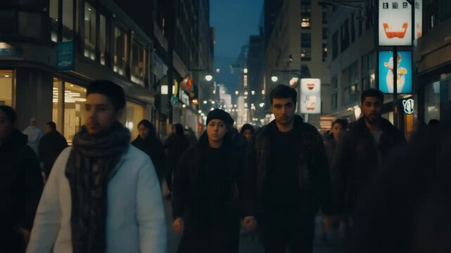 Diverse group of people walking down bustling city street at night, illuminated by vibrant billboards and streetlights, creating a dynamic urban scene, with a sense of anonymity and energy