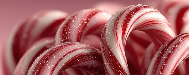 Close-up of red and white candy canes with stripes and sugar glitter for festive holiday décor