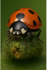 The image is a close-up of a seven-spotted ladybird (Coccinella septempunctata), a brightly colored and widespread lady beetle known for its distinctive seven black spots