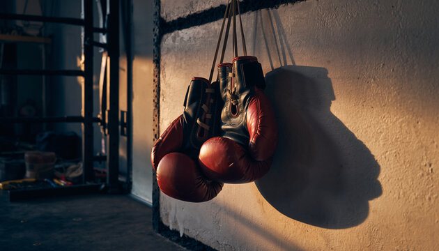 Red boxing gloves hang on a textured wall in a dimly lit gym.