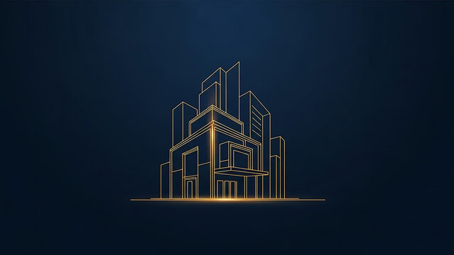 Abstract luxury real estate icon featuring a golden architectural building design on a dark blue background