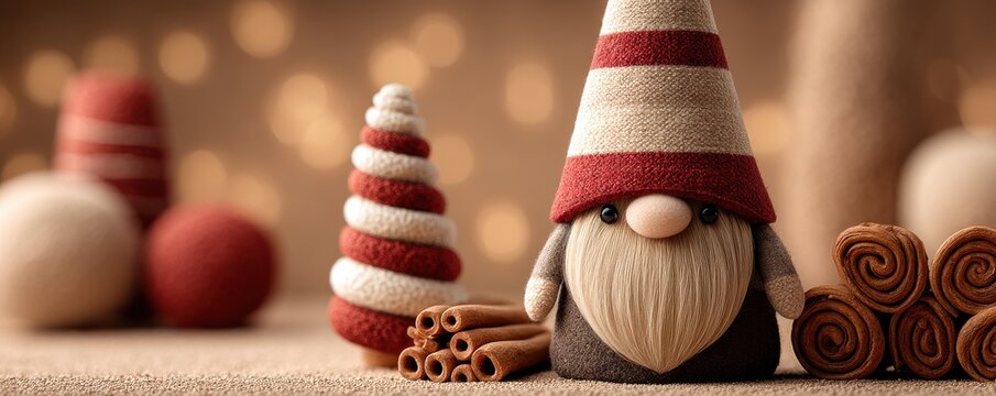 Cozy Christmas gnome with red knit hat beside cinnamon sticks and felt decorations on a festive table