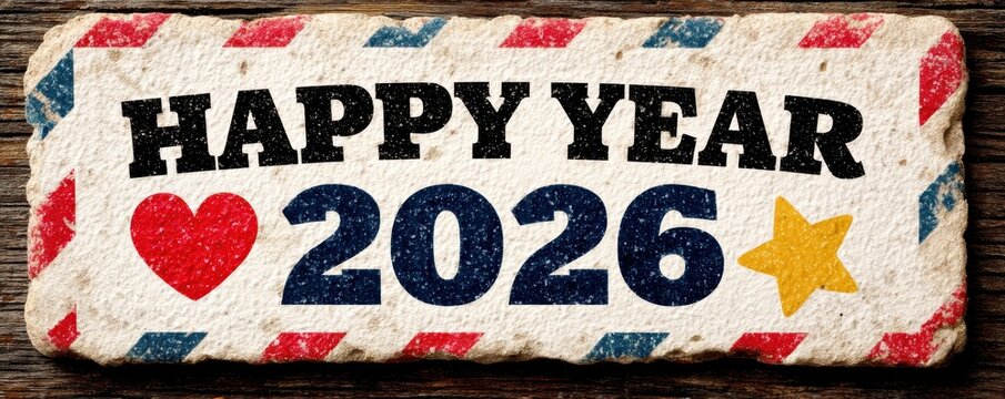 Happy New Year 2026 vintage sign sticker with colorful heart and star - Powered by Adobe