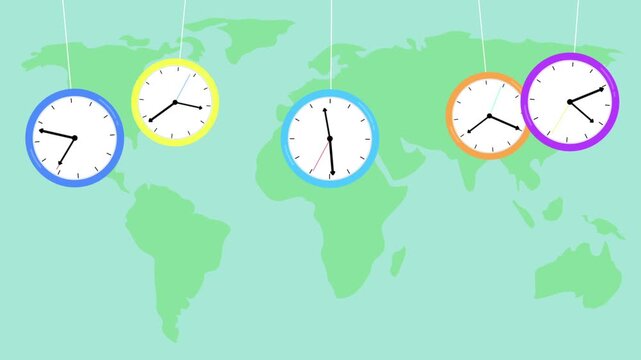 international different time zone with many clock swinging on world map