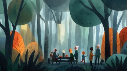 A watercolor illustration of a diverse family enjoying a picnic in the woods. The peaceful scene conveys togetherness and connection, ideal for family, nature, or community themes.