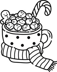 Line art of a mug filled with marshmallows, a candy cane, and a gingerbread man.
