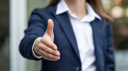 Businesswoman offering handshake, ready to seal a deal, welcome to the team