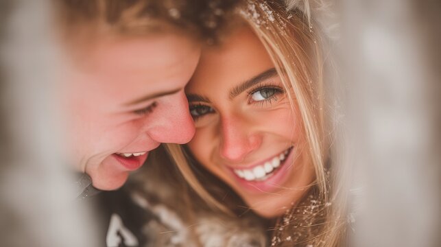 A beautiful close-up of a smiling young couple enjoying a snowy day. This intimate portrait evokes feelings of love, happiness, and warmth. Ideal for relationship or winter content.