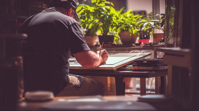 A man paints at his desk by a sunny window with plants. The scene conveys creativity, focus, and peaceful solitude. Perfect for blogs on art, hobbies, or a tranquil lifestyle.